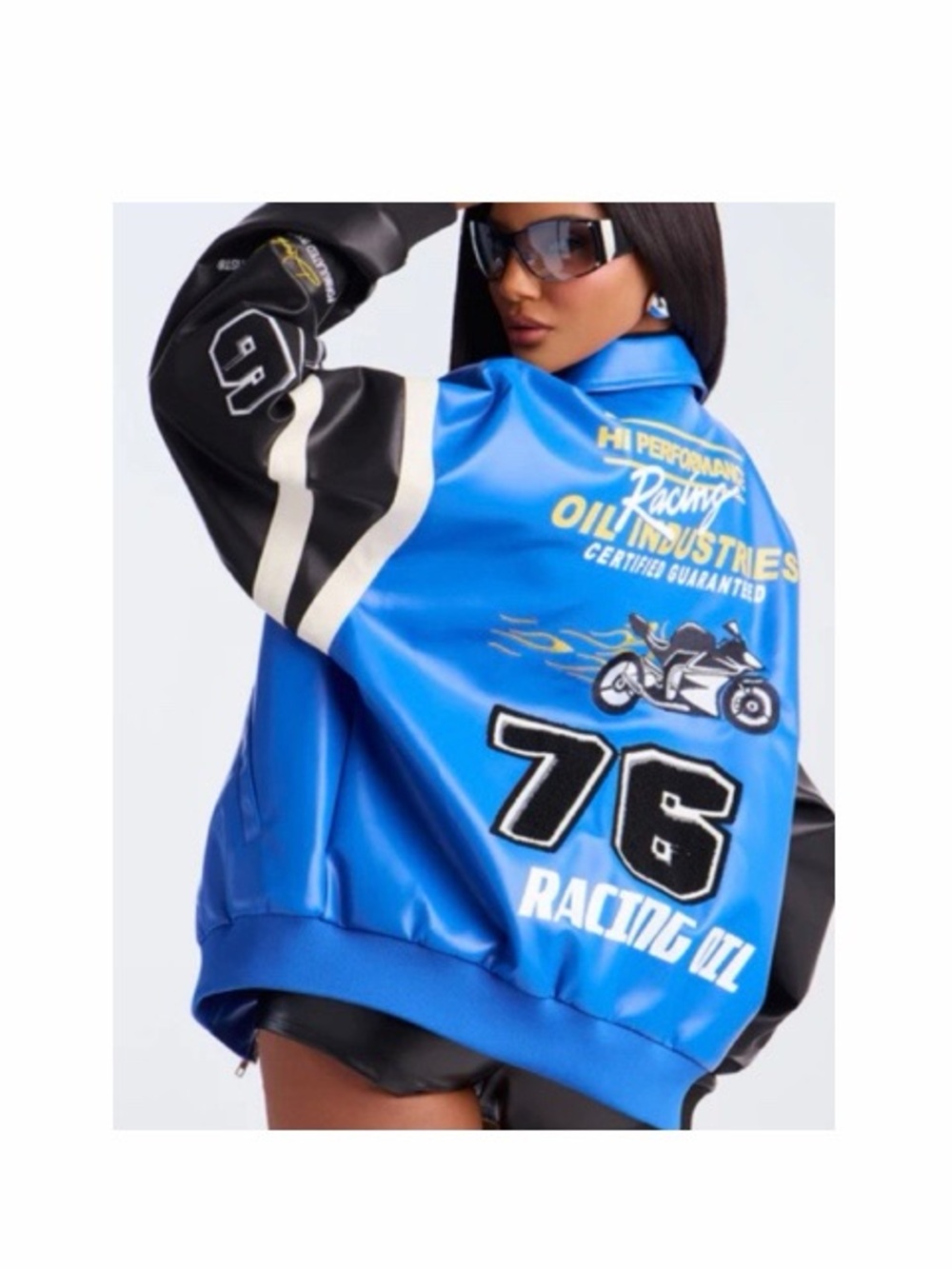 Fashion Nova Take The Lead Faux Leather Racing Bomber Jacket NWT - Picture 8 of 8